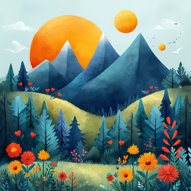 Mountains with Sun and Flowers