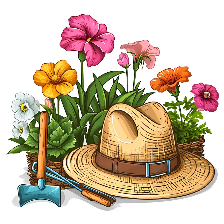 Straw Hat and Colorful Flowers with Gardening Tools