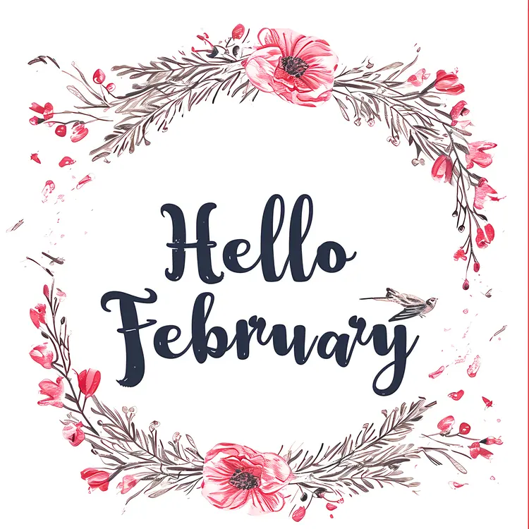 Hello February with Flowers and Leaves