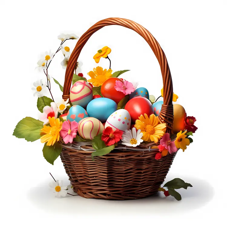 Colorful Easter Basket with Decorated Eggs and Flowers