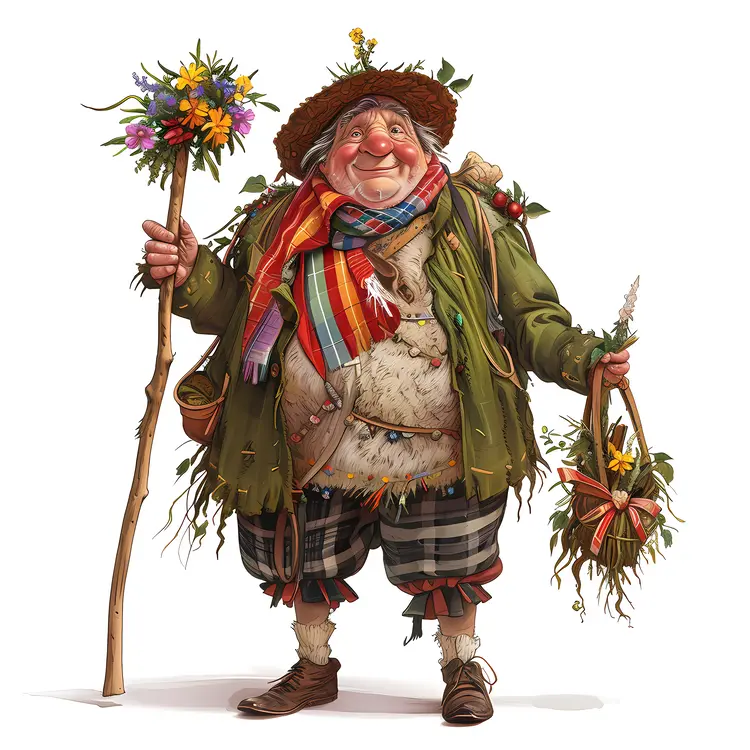Old Man with Flowers and Walking Stick