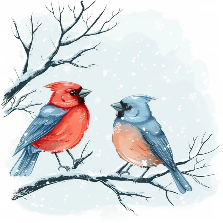 Two Colorful Birds on a Snowy Branch