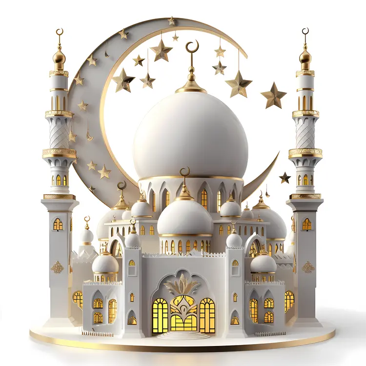 White and Gold Mosque with Crescent Moon and Stars