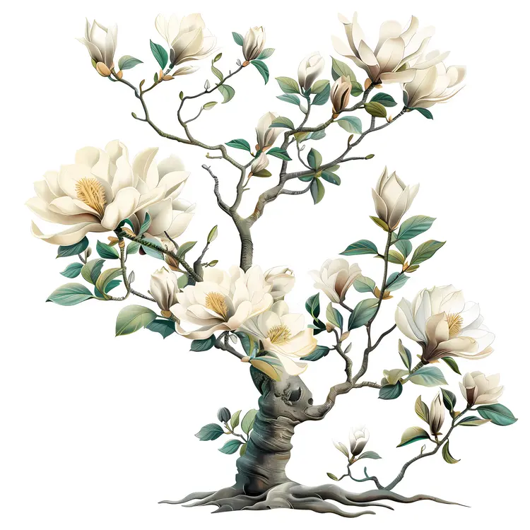 White Magnolia Tree with Green Leaves