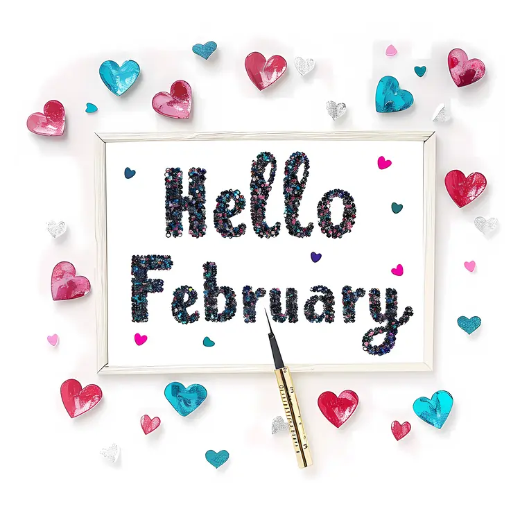 Framed Hello February Text with Hearts