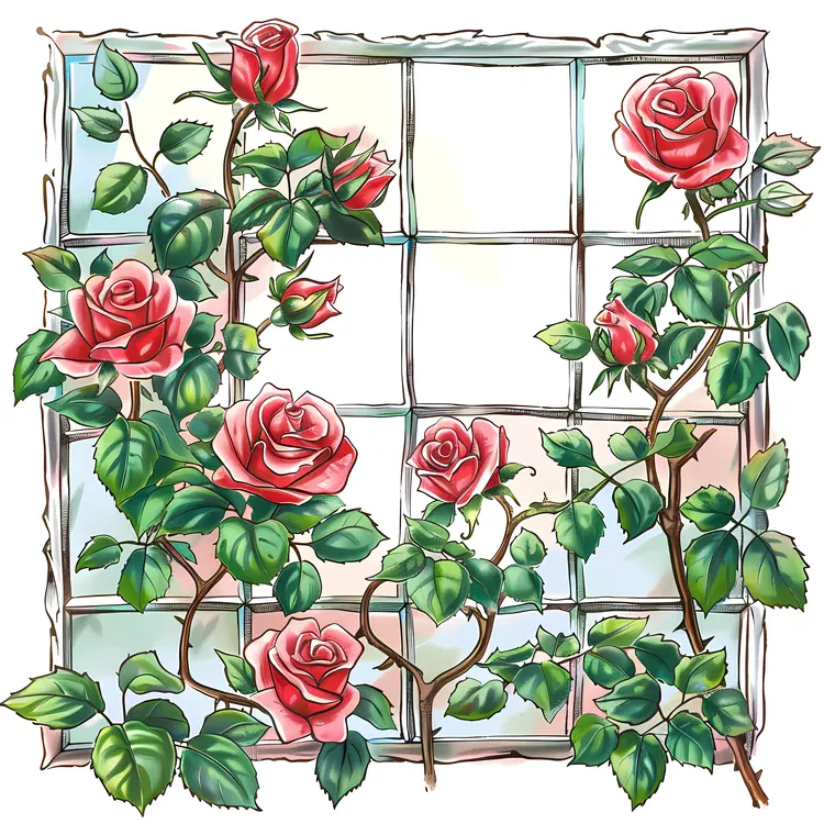 Window Frame with Red Roses