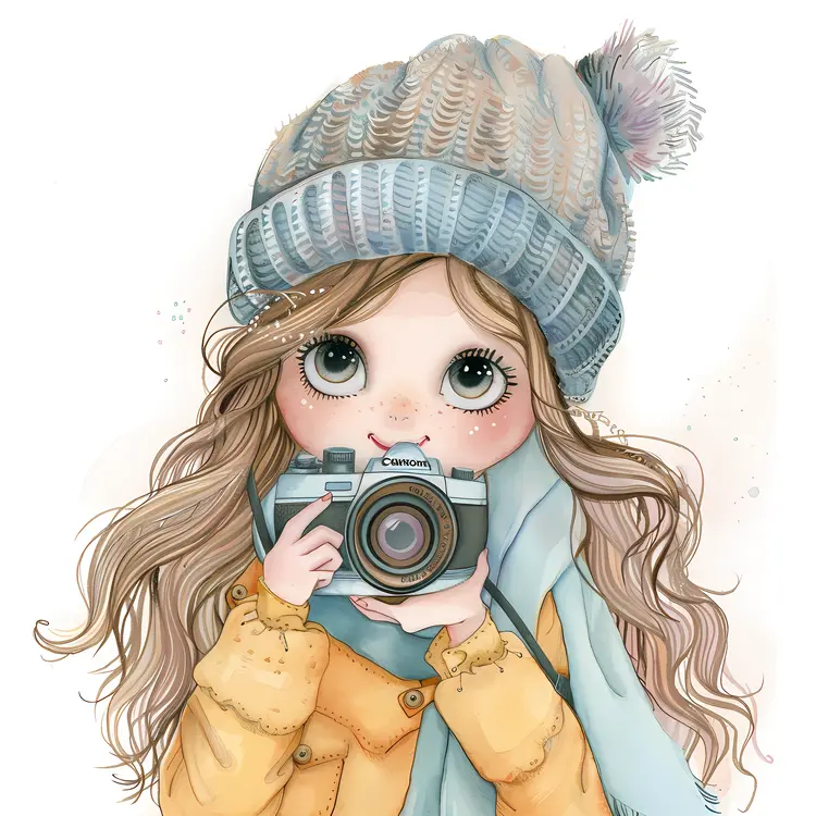 Winter Girl with Camera Illustration