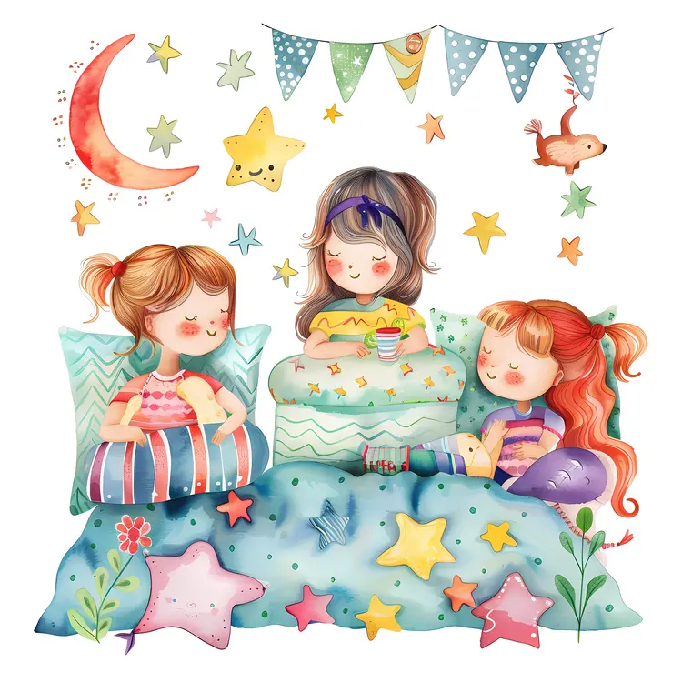 Cute Girls in Pajamas Having a Sleepover