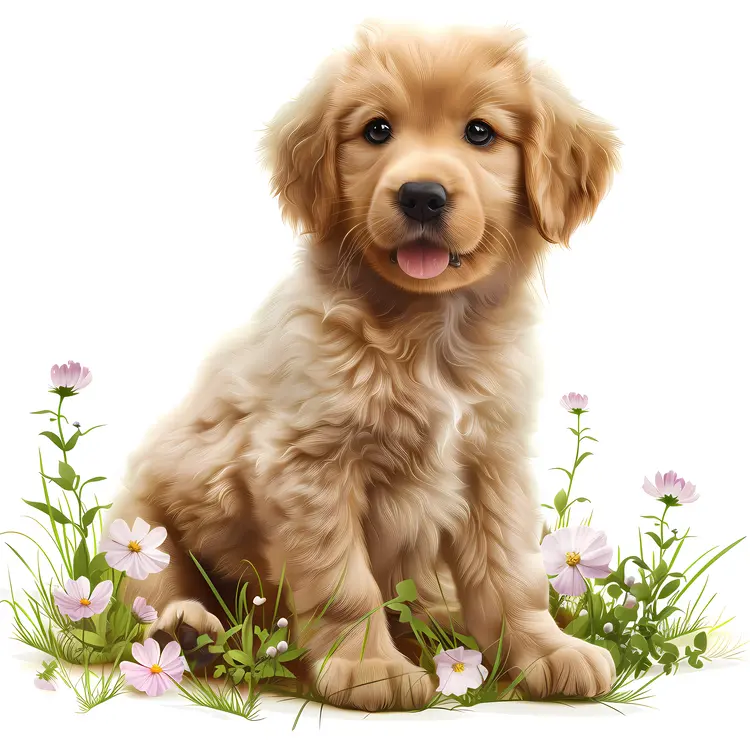 Cute Puppy in Grass with Pink Flowers