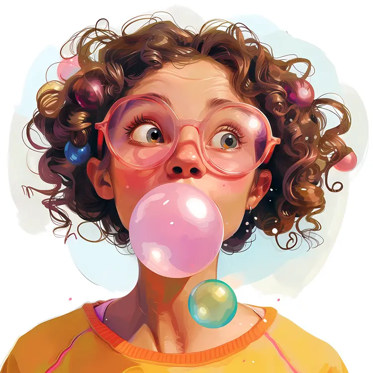 Curly-haired Girl with Glasses Blowing Bubblegum