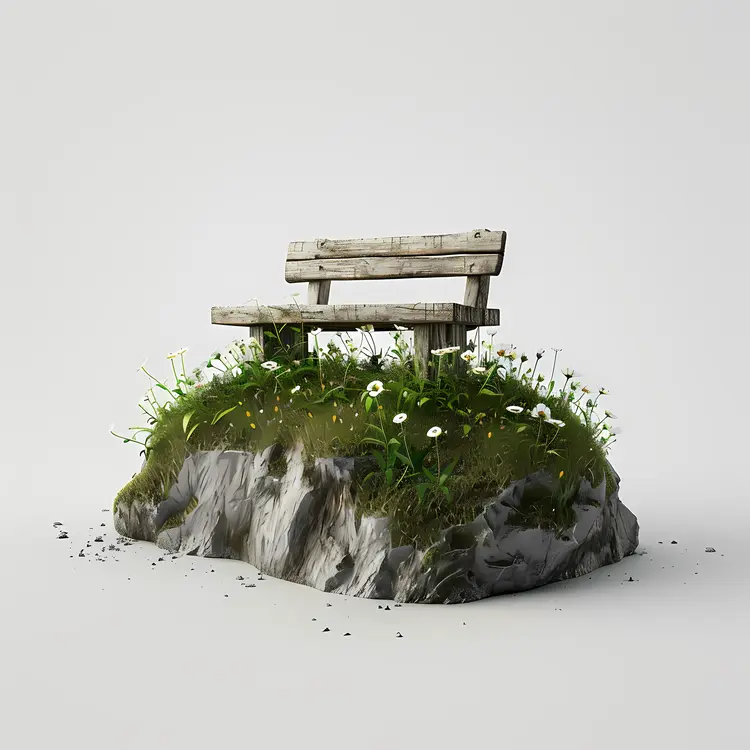 Wooden Bench on Rock with Flowers