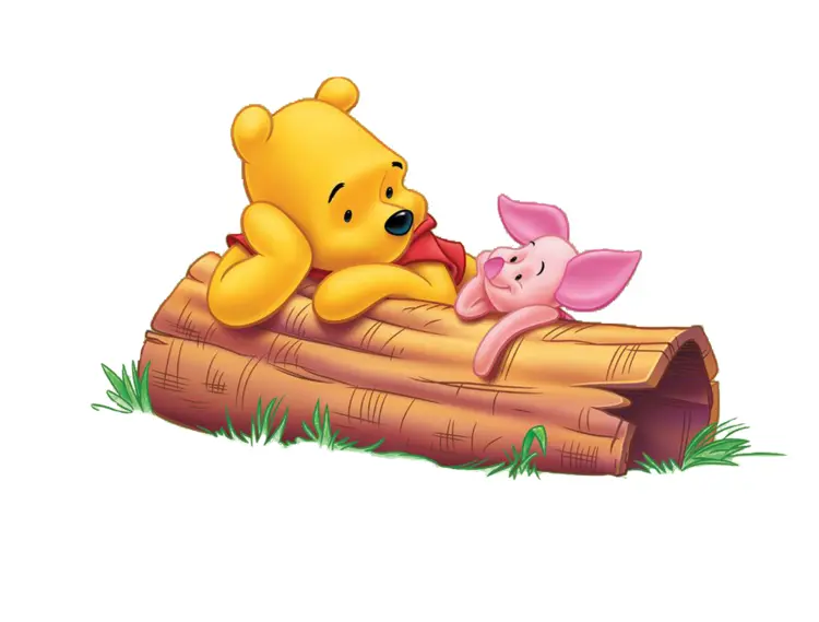 Yellow Bear and Pink Piglet Cartoon Characters Relaxing on a Log