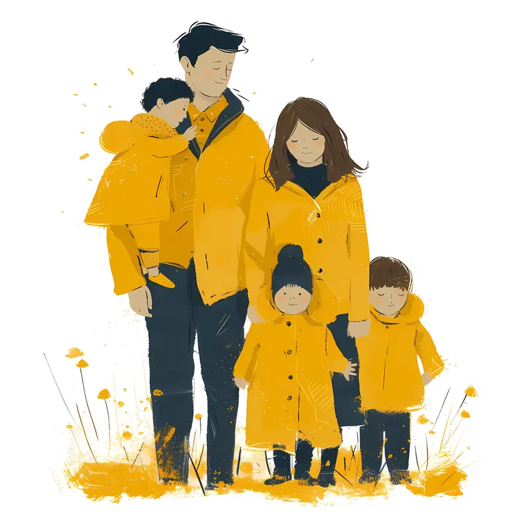 Family Illustration with Parents and Children in Yellow Coats