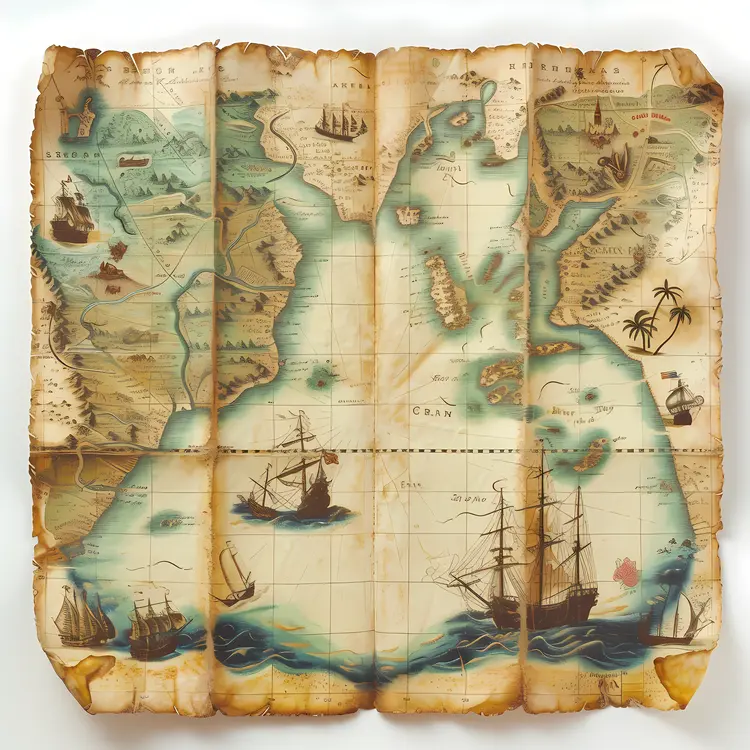 Antique Map with Ships and Coastal Areas