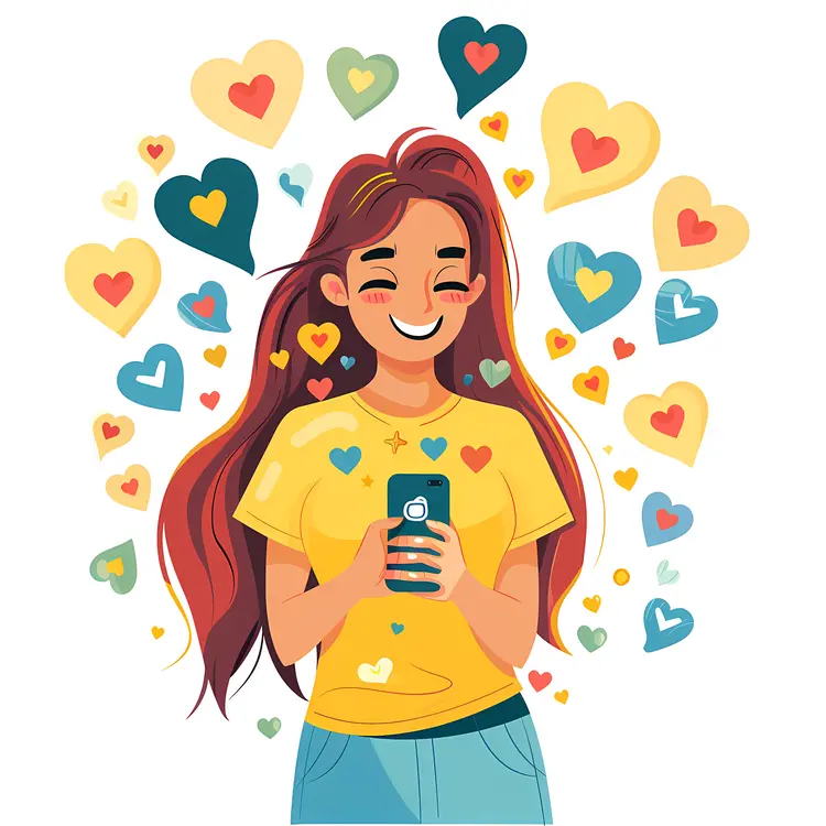 Smiling Girl with Phone and Hearts