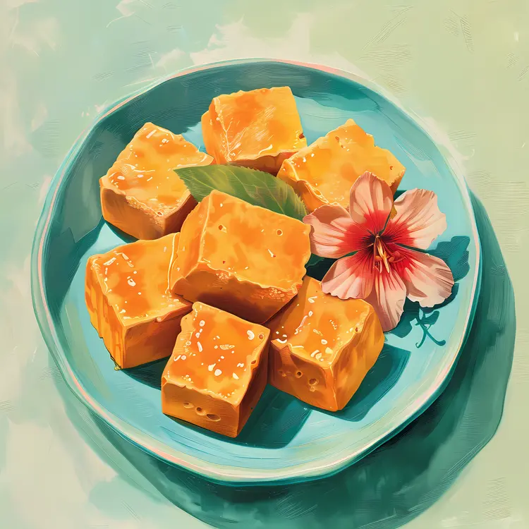 Multiple Tofu Cubes on Blue Plate with Flower