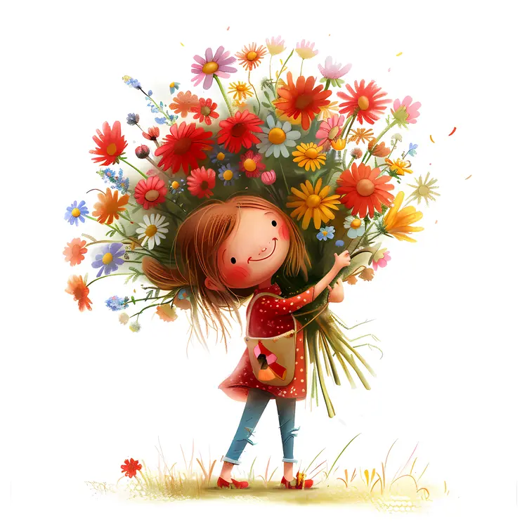 Cute Girl with Colorful Flowers Illustration