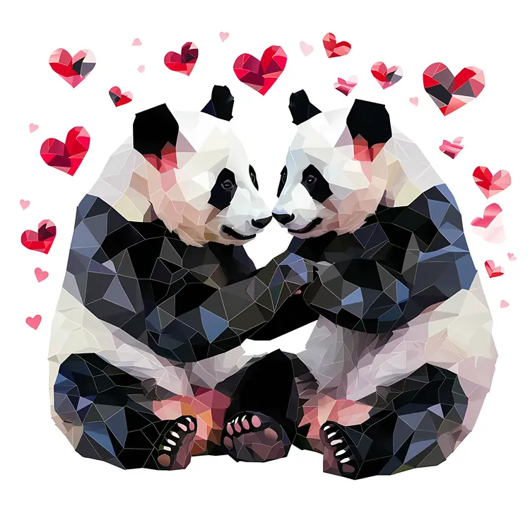 Geometric Pandas with Hearts Illustration