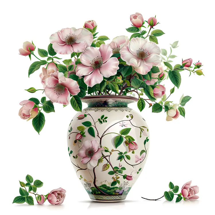 Charming Pink Flowers in a Floral Patterned Vase