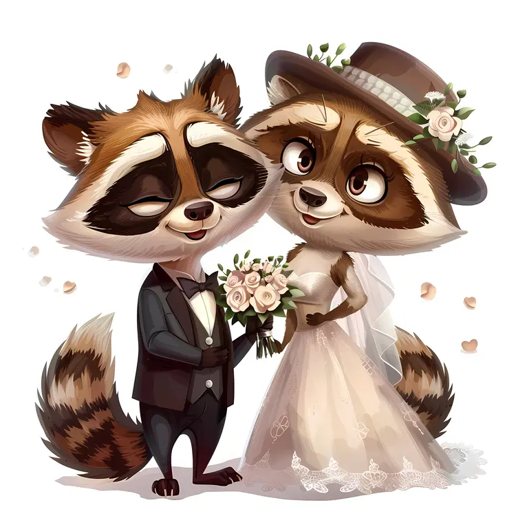 Raccoon Couple in Wedding Attire