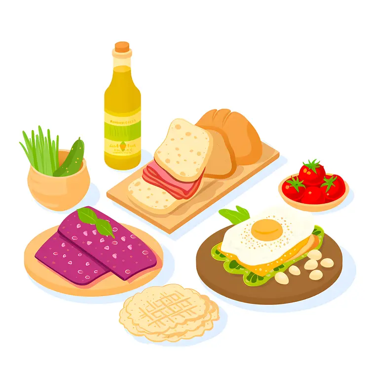 Breakfast Spread with Bread, Egg, and Vegetables