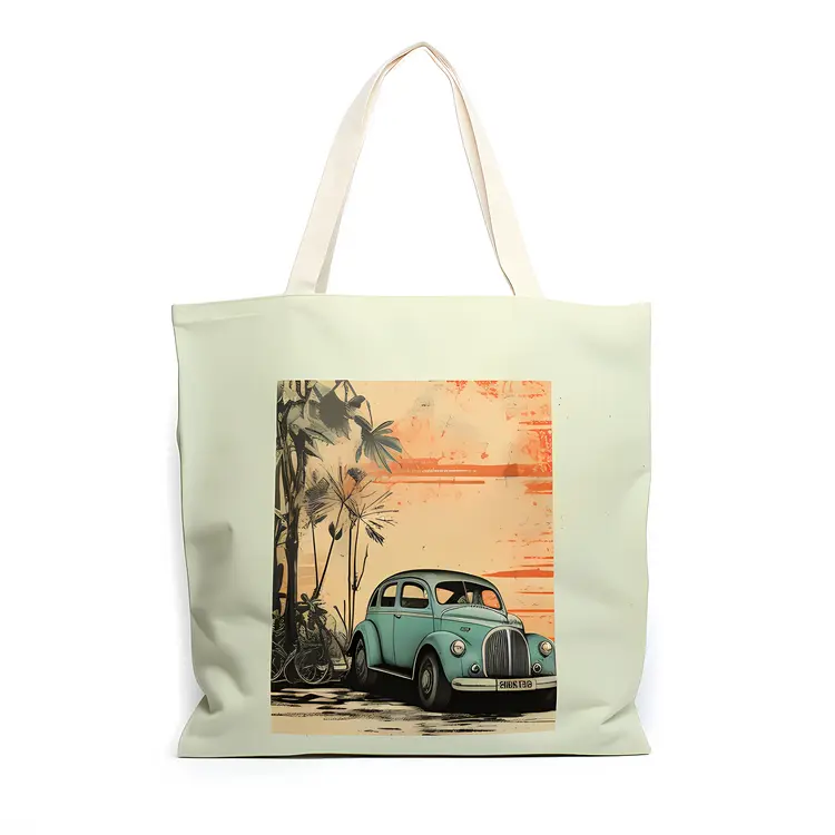 Vintage Car with Palm Trees and Bicycle
