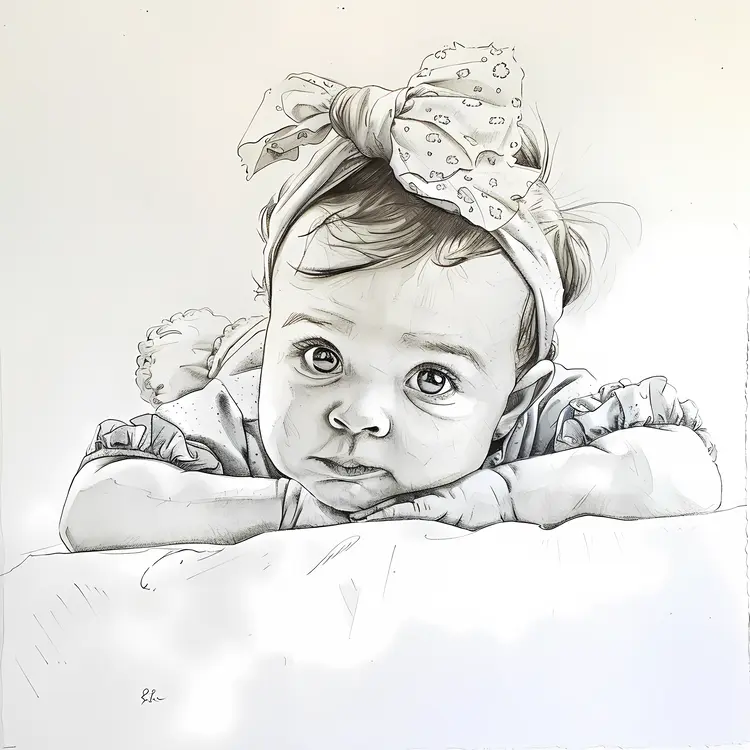 Black and White Sketch of Baby with Headband