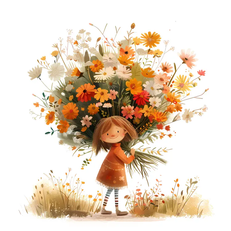 Cute Girl with Colorful Flowers Illustration