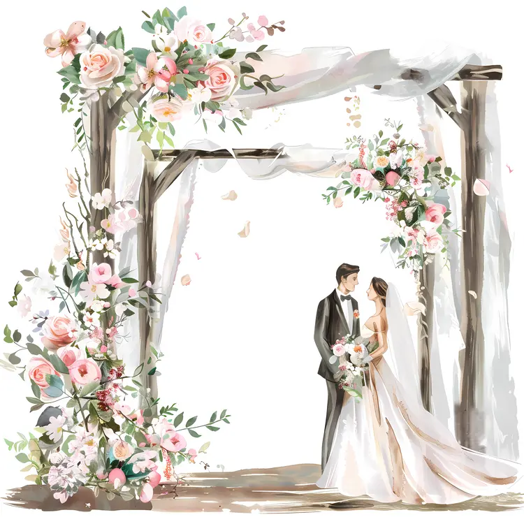 Illustration of Wedding Couple under Floral Arch
