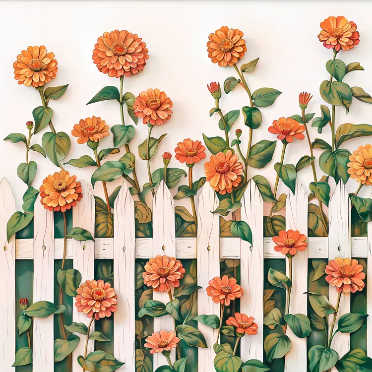 Orange Zinnias on White Fence