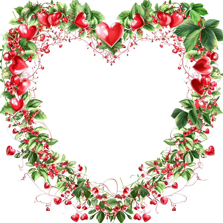 Red Hearts and Leaves in Heart Shape Frame