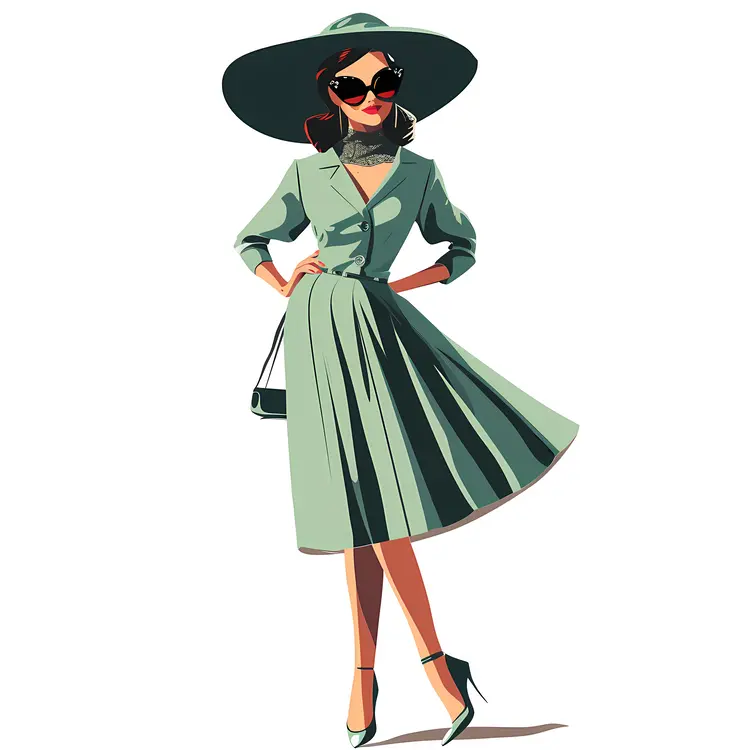 Vintage Woman in Green Dress and Hat