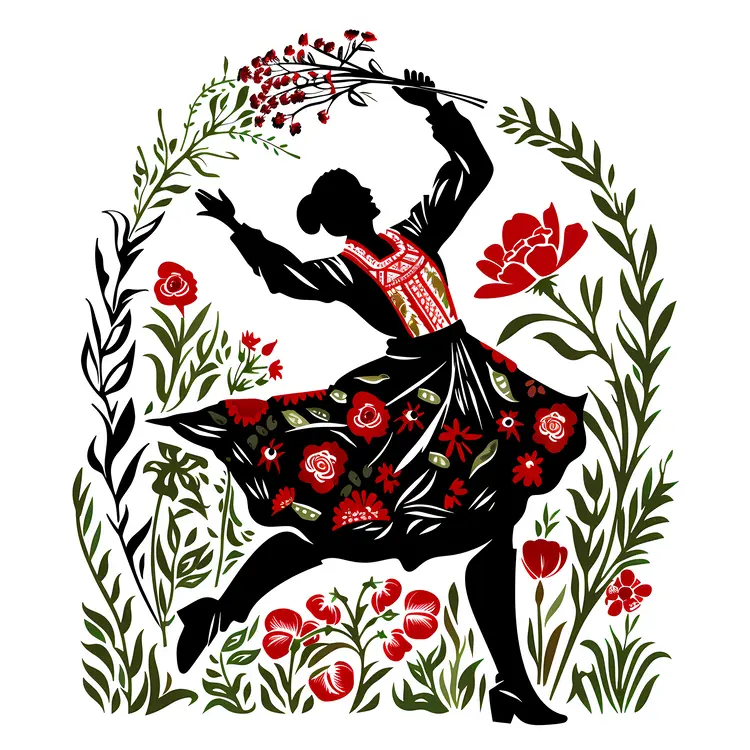 Dancing Silhouette in Traditional Dress with Flowers