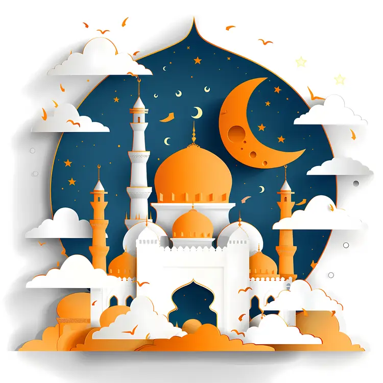 Orange and White Mosque with Crescent Moon and Clouds