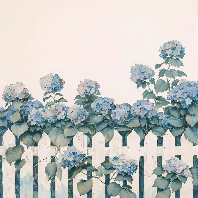 Blue Hydrangeas on White Fence