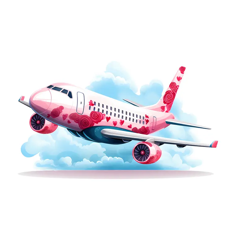 Pink Airplane with Roses and Clouds