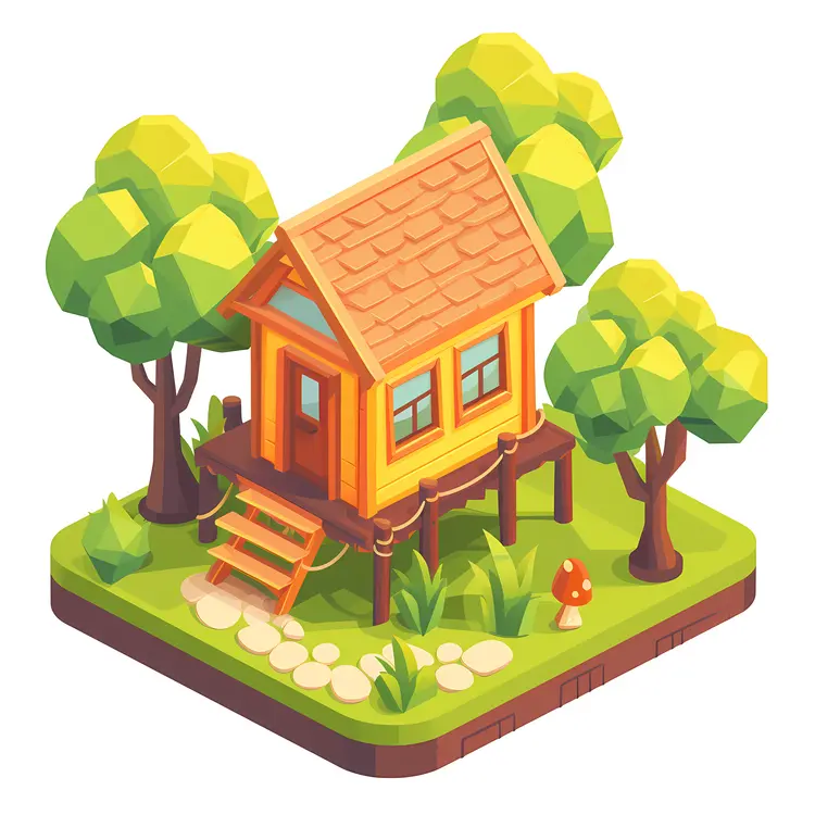 Treehouse with Mushrooms and Trees