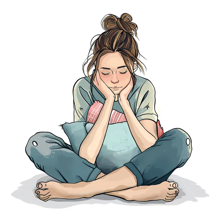Sad Girl with Pillow Illustration