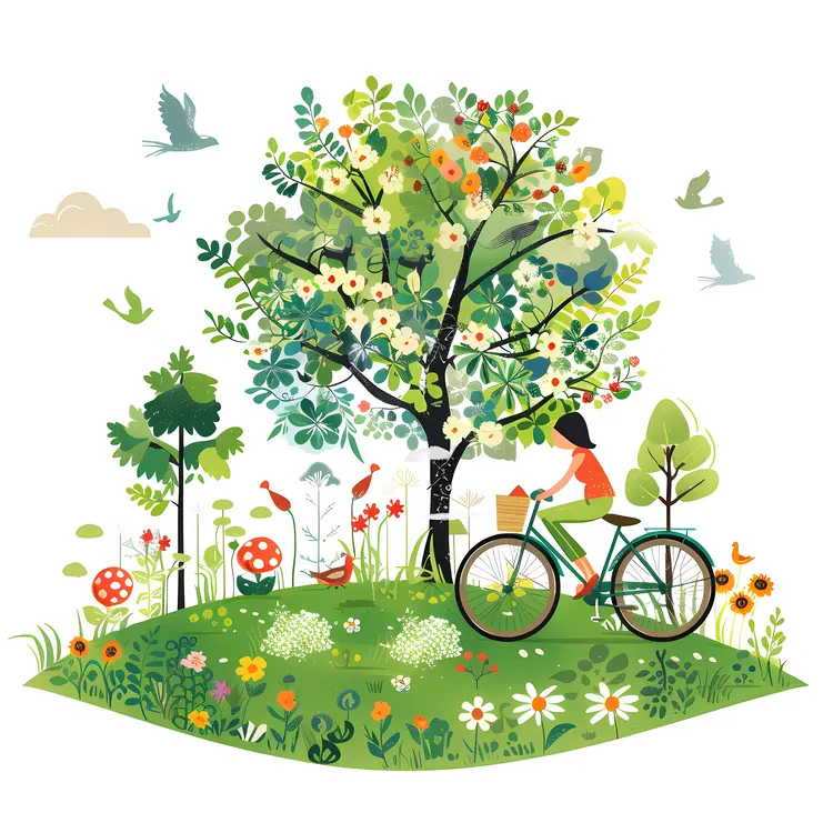 Bicycle and Tree in a Flower Field
