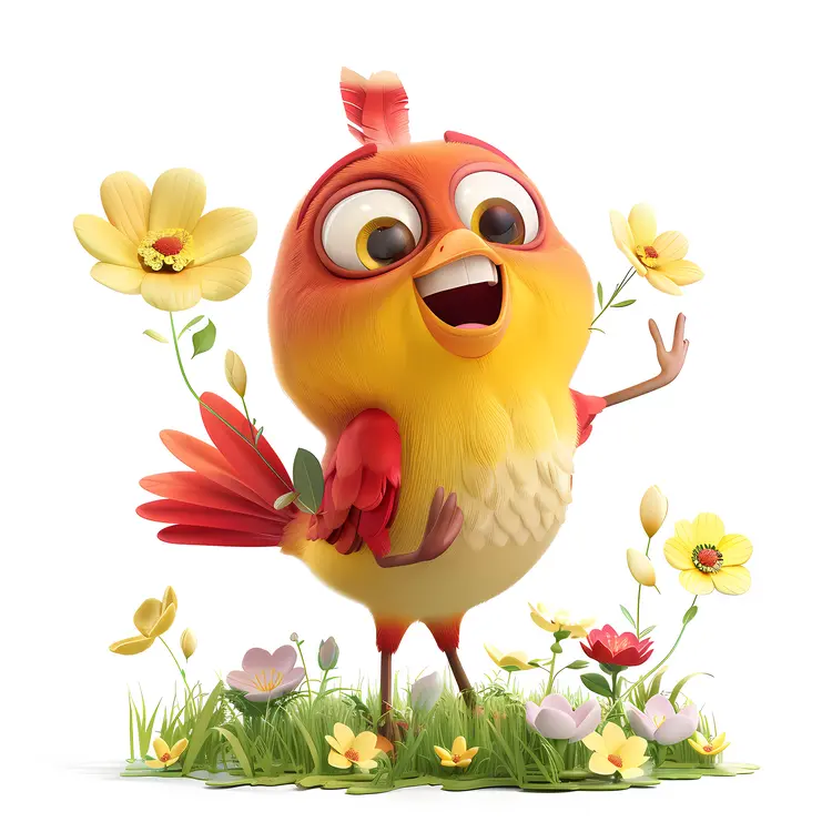 Cheerful Cartoon Bird with Flowers
