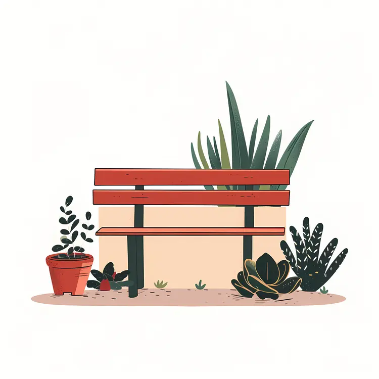 Red Bench with Greenery