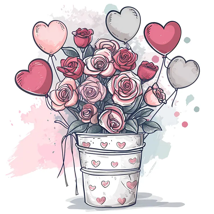Pink and White Roses with Balloons in a Bucket
