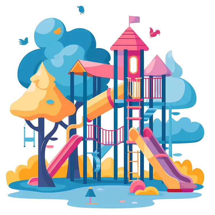 Colorful Playground with Slides and Trees