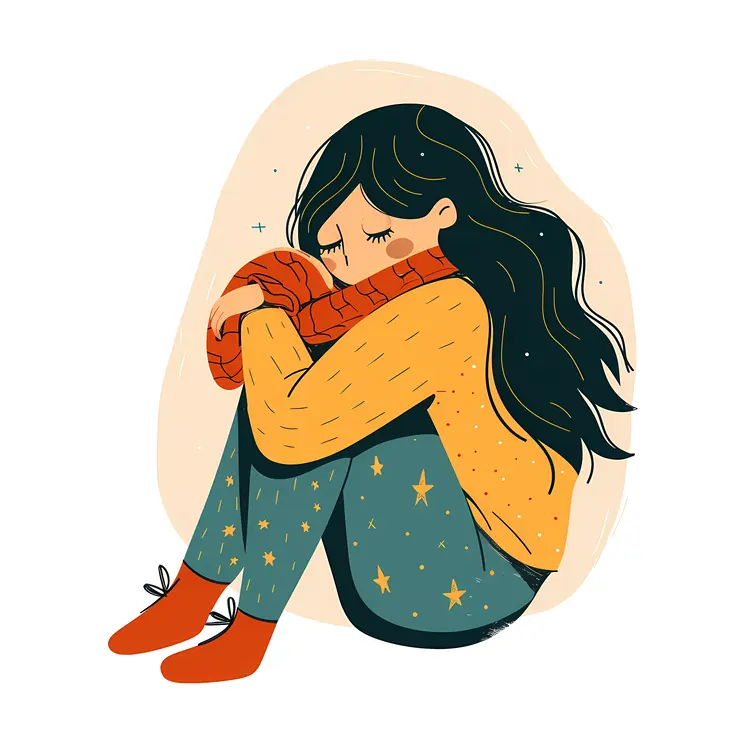 Sad Girl in Orange Scarf Illustration