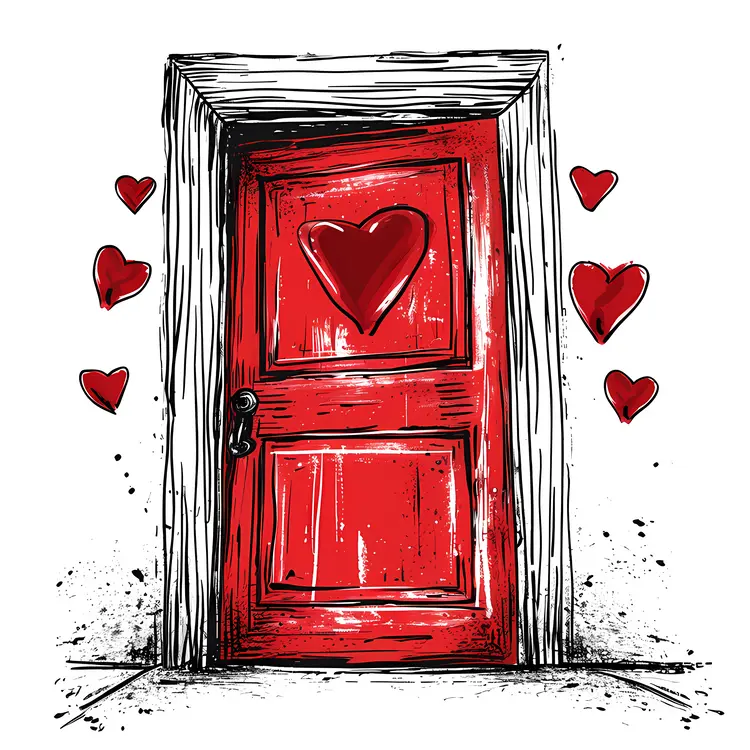 Red Door with Heart and Sketch Elements