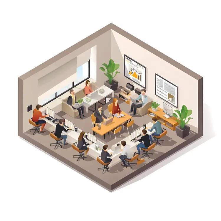 Office Workspace with Team Meeting