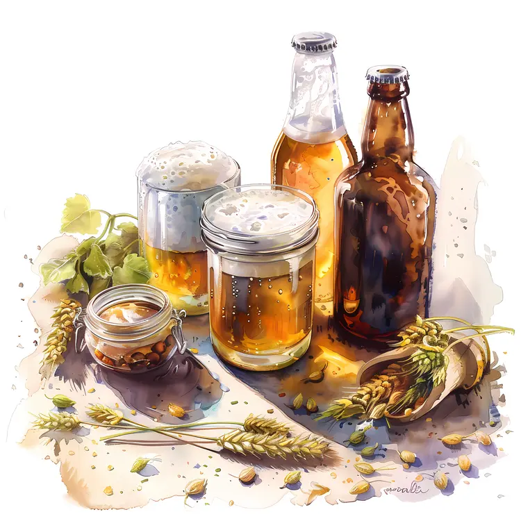 Beer Bottles and Glasses with Hops and Wheat