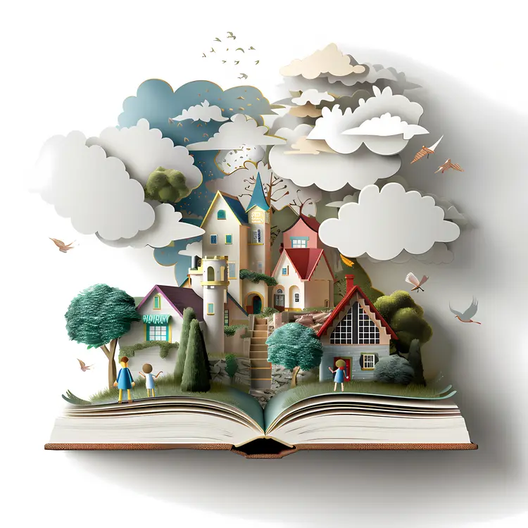 Open Book with Village and Clouds