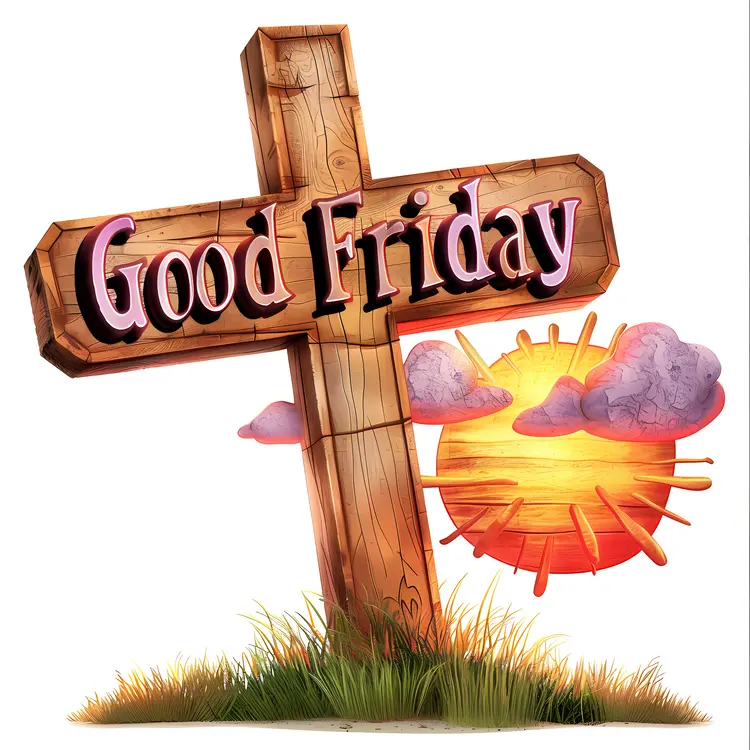 Wooden Cross with Good Friday Text and Sunset Background