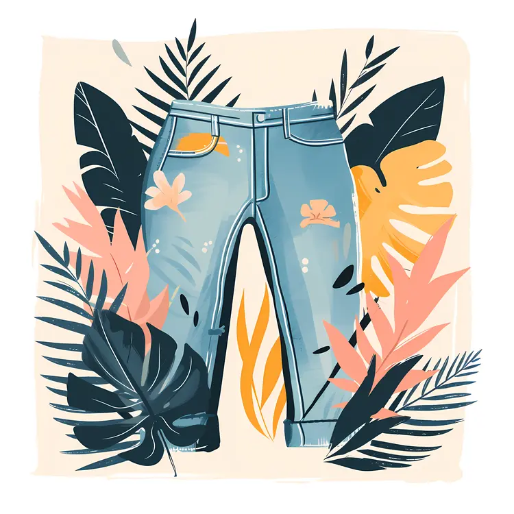 Blue Jeans with Tropical Leaves Illustration